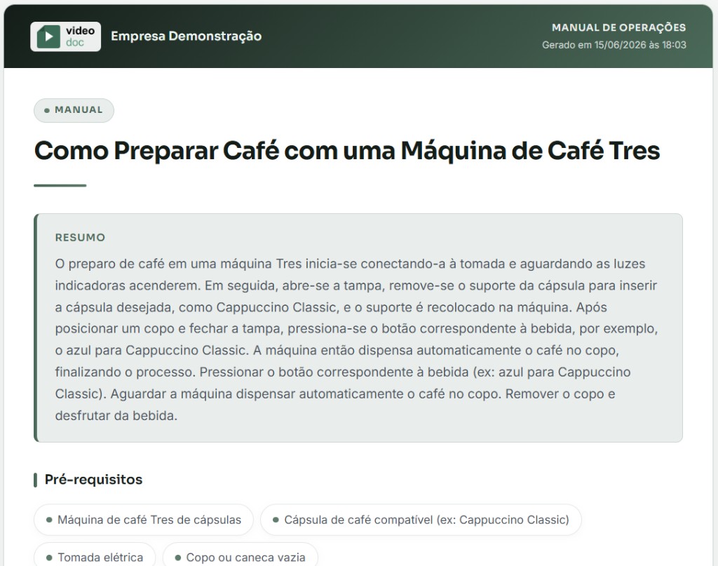 Manual de operações gerado pelo VideoDoc: Como Preparar Café com uma Máquina de Café Tres