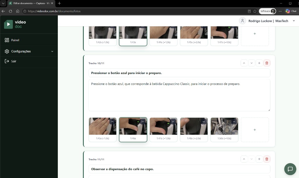 Editor de capturas do VideoDoc com trechos e frames do vídeo